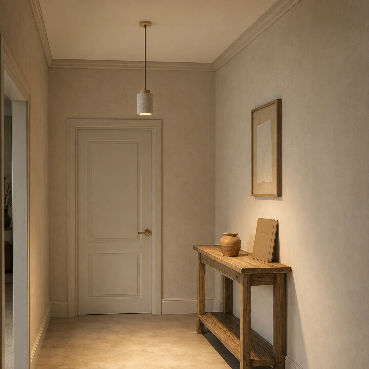 Fairlie travertine cylinder pendant in oak lighting a hallway in a period property