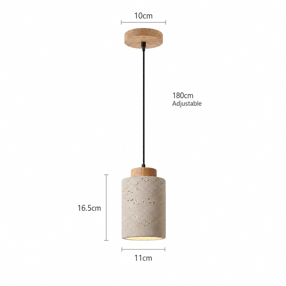 Dimensions of the Fairlie travertine cylinder pendant in oak: 11 cm wide, 16.5 cm high, 180 cm cable
