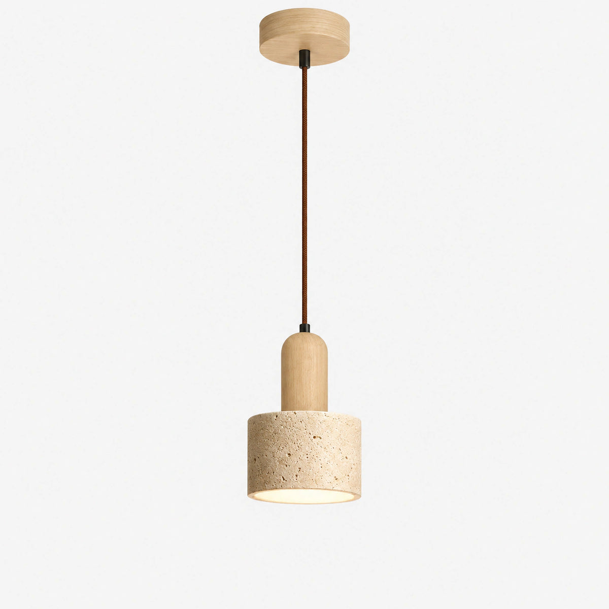 Cream travertine drum pendant light with an oak neck on a white background