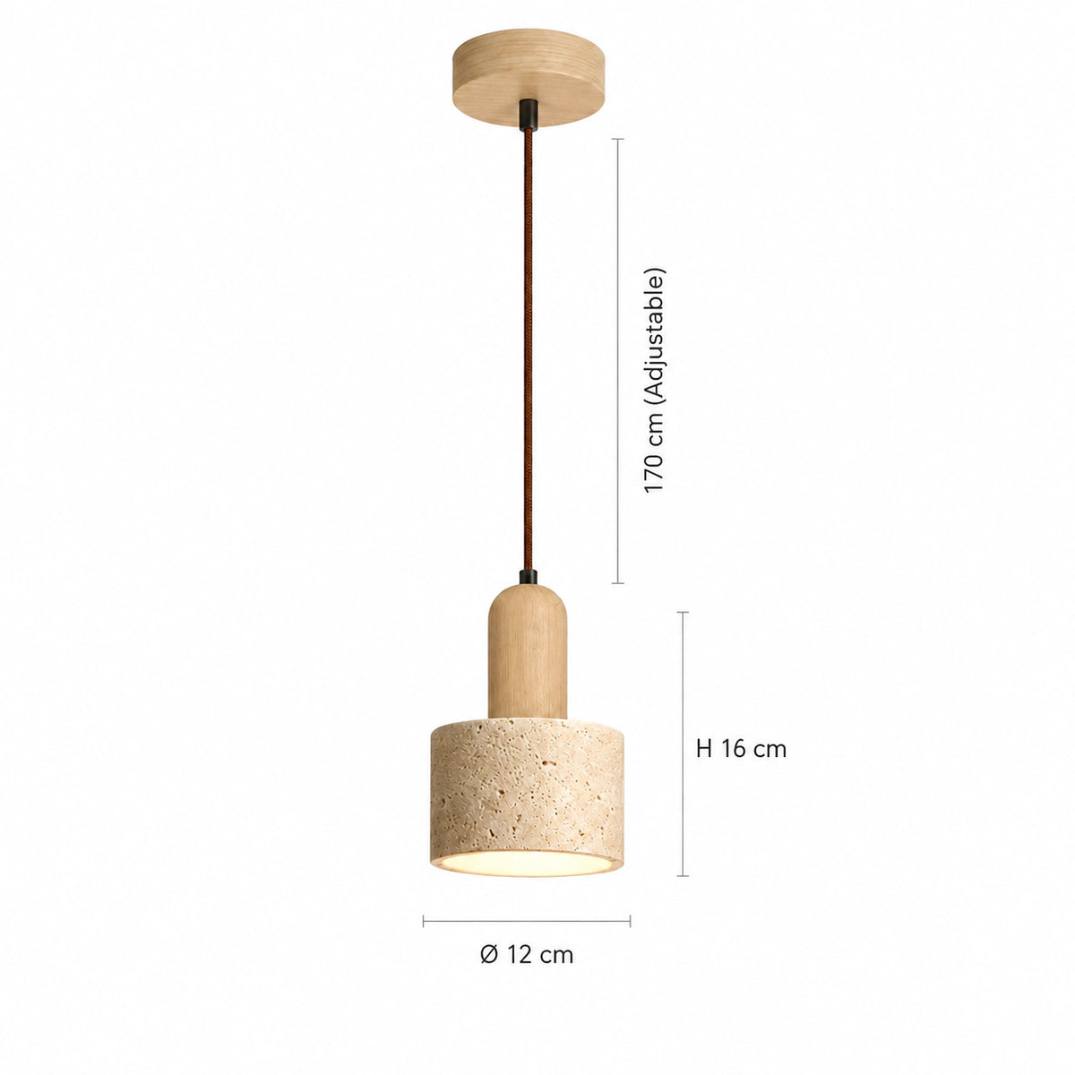 Dimensions of the Grantley pendant in cream travertine: 12 cm wide, 16 cm tall, 170 cm cable