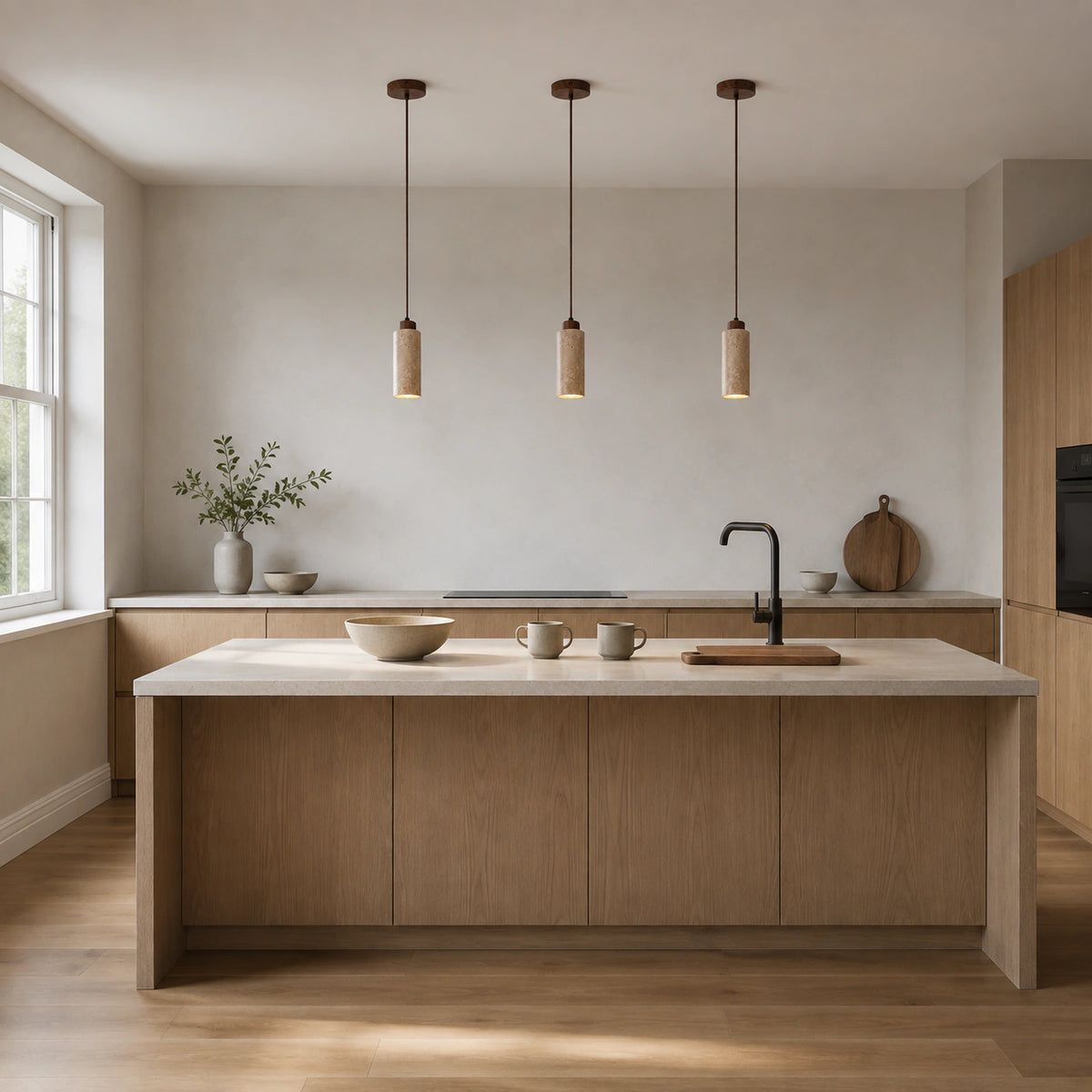 Otley pendant in honey travertine hanging above a kitchen island