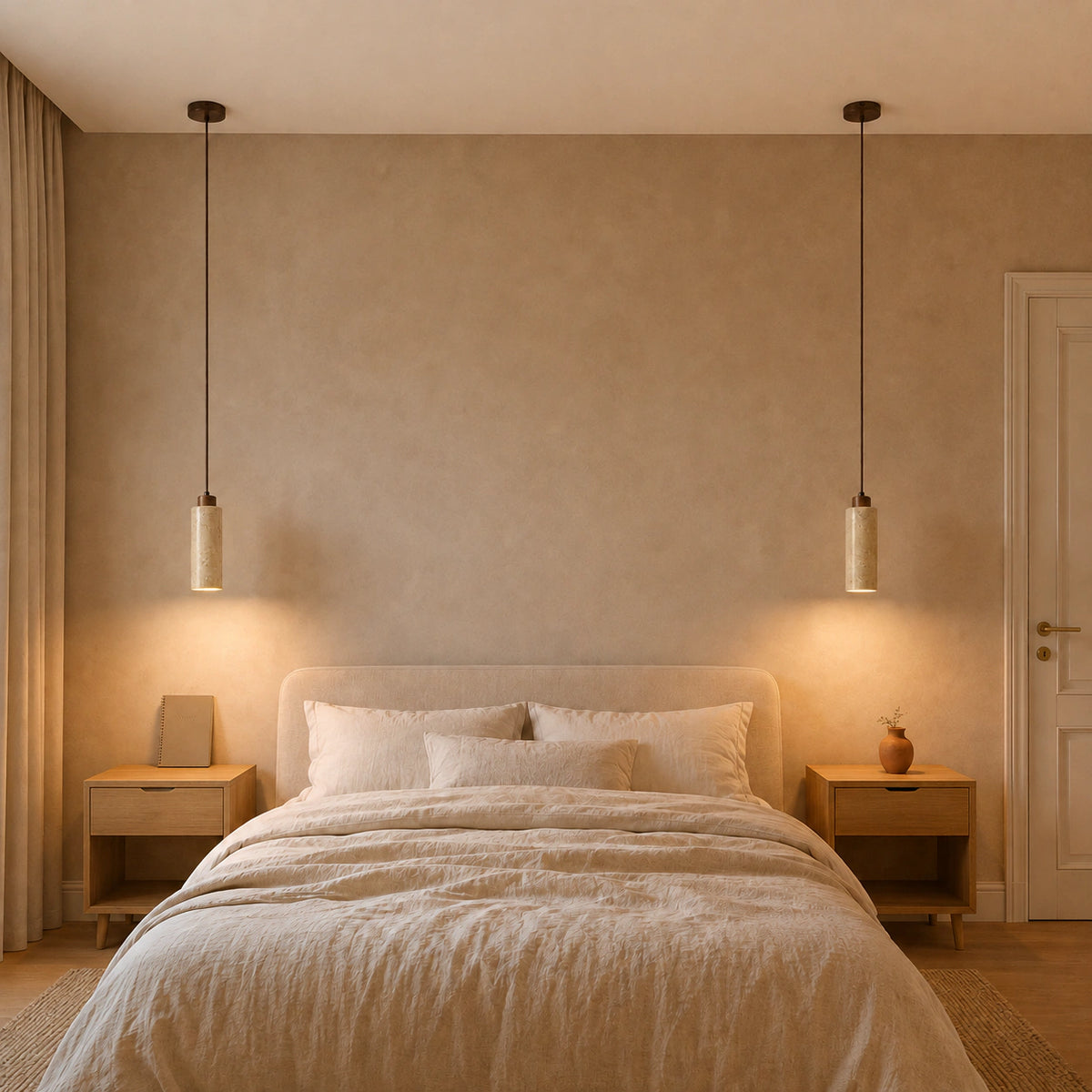 Otley pendant in honey travertine beside a bed in a warm, neutral bedroom