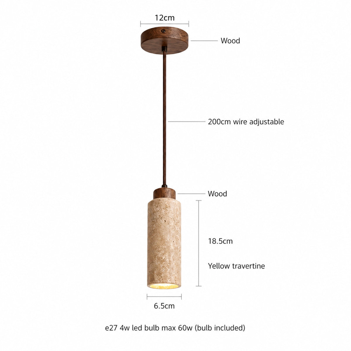 Dimensions of the Otley pendant in honey travertine: 6.5 cm wide, 18.5 cm tall, 200 cm cable