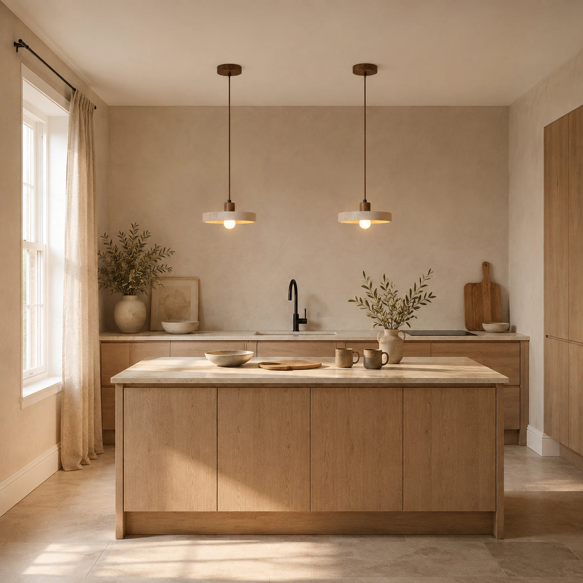Salcombe travertine disc pendant in walnut hanging above a kitchen island