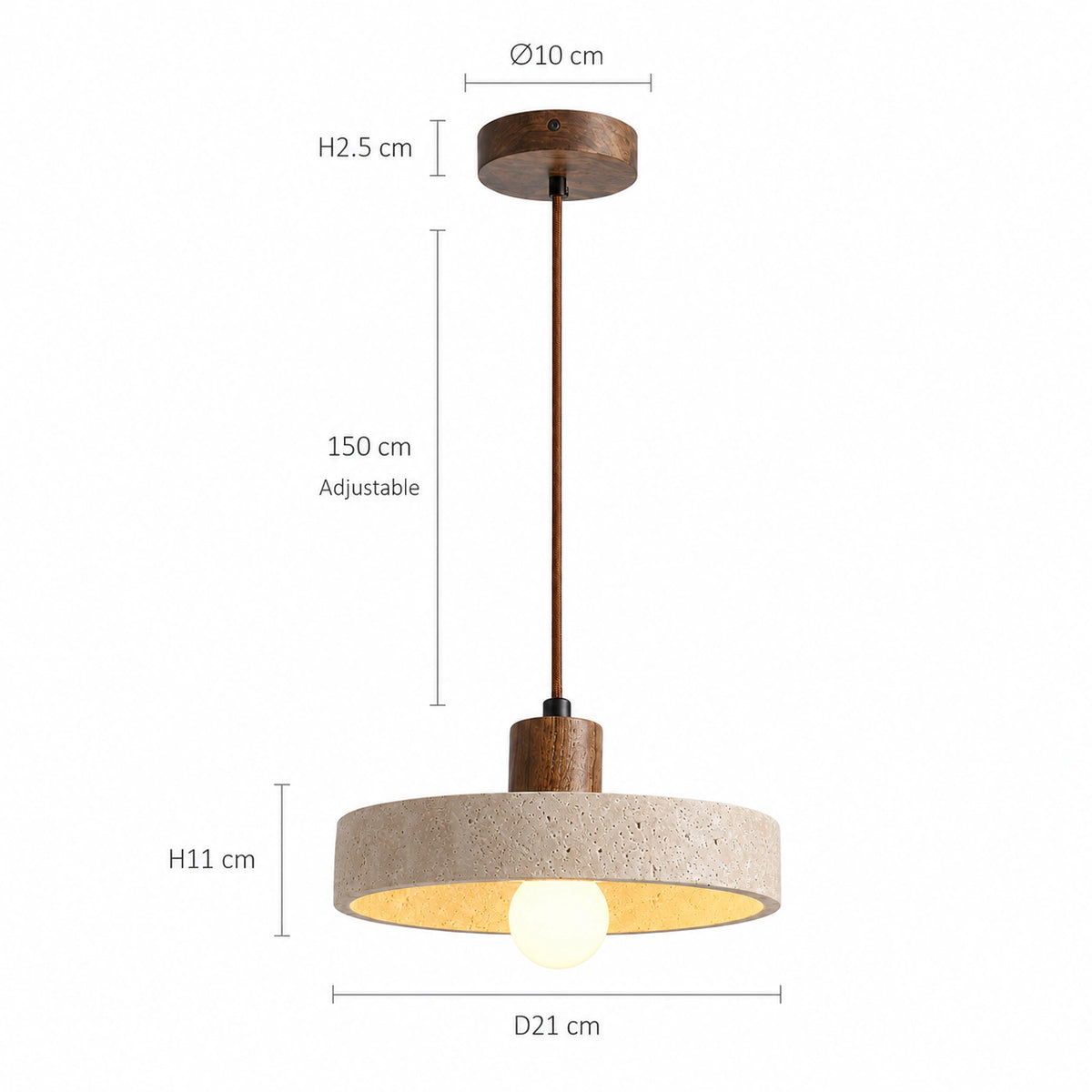 Dimensions of the Salcombe travertine disc pendant in walnut: 21 cm wide, 11 cm deep, 150 cm cable
