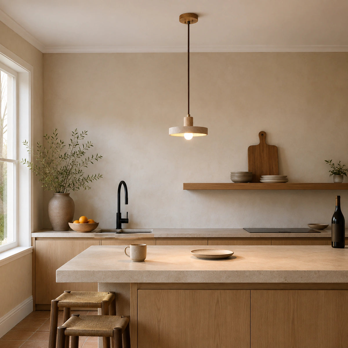 Salcombe travertine disc pendant in oak hanging above a kitchen island