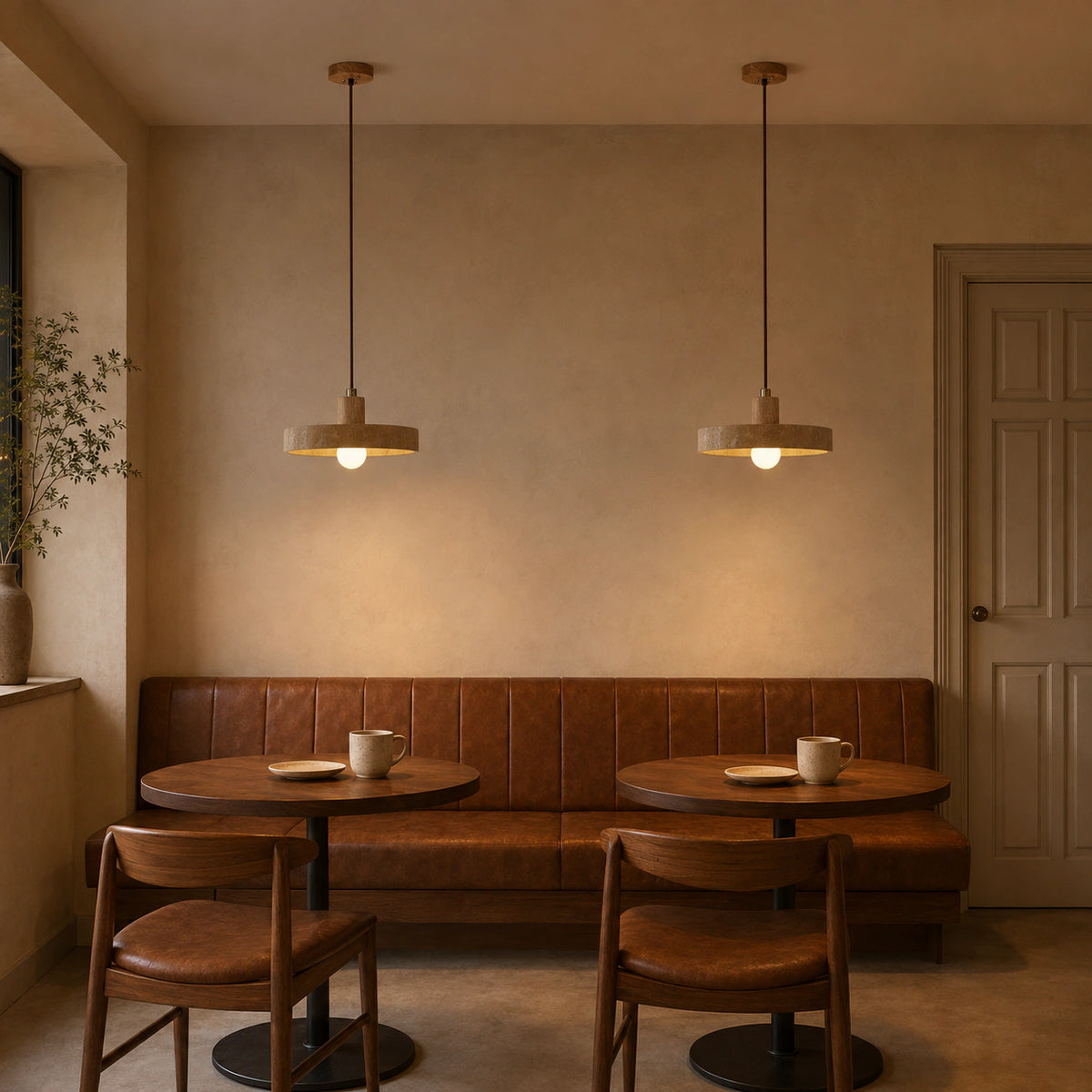 Salcombe travertine disc pendant in oak above a restaurant table with banquette seating