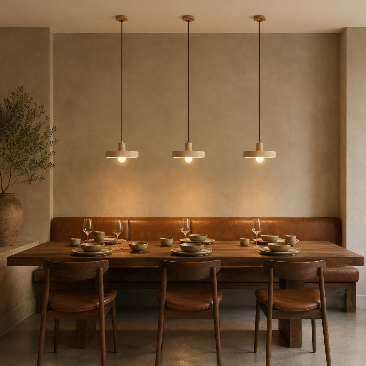 Salcombe travertine disc pendant in oak lighting a warm restaurant interior