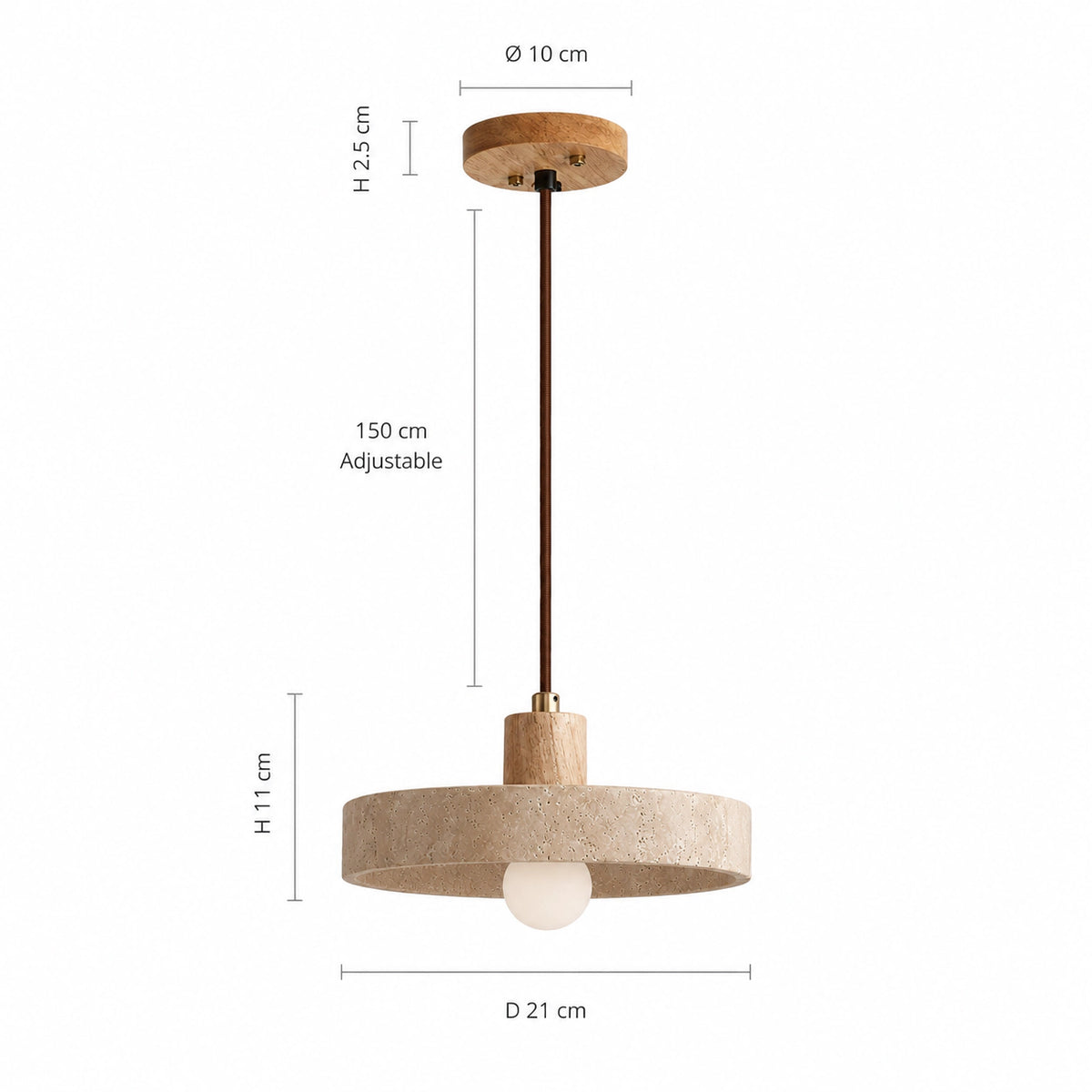 Dimensions of the Salcombe travertine disc pendant in oak: 21 cm wide, 11 cm deep, 150 cm cable