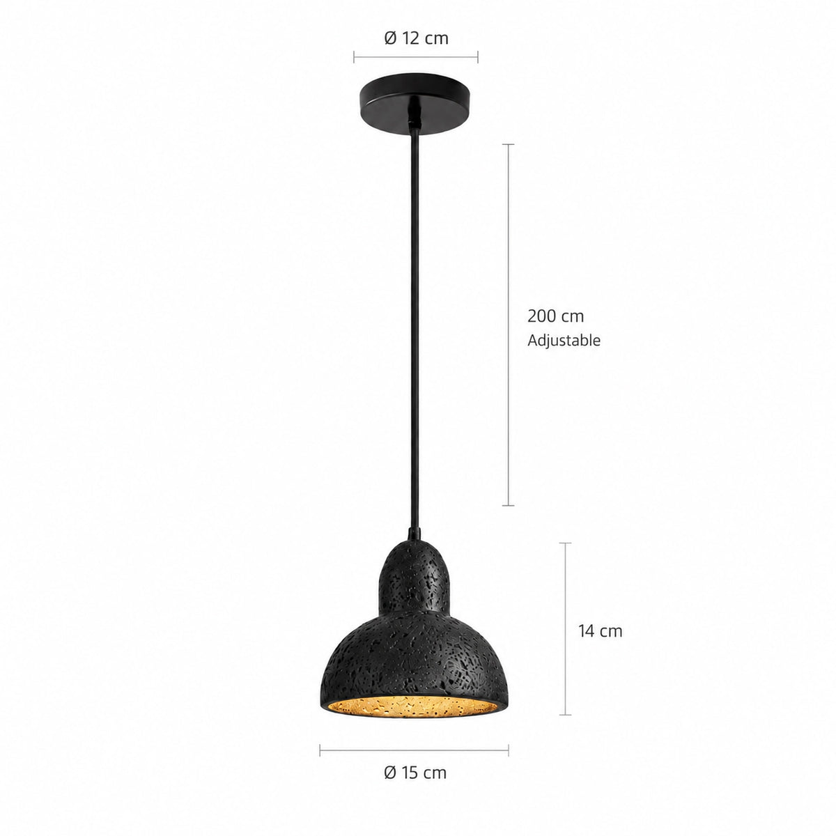 Dimensions of the Blackmoor black travertine dome pendant: 15 cm wide, 14 cm deep, 200 cm cable