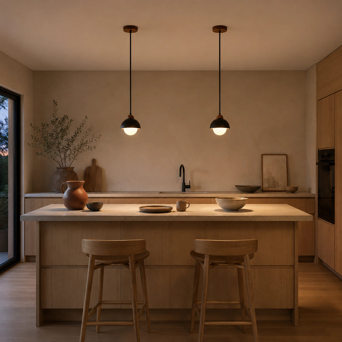 Malvern black travertine dome and globe pendant hanging above a kitchen island