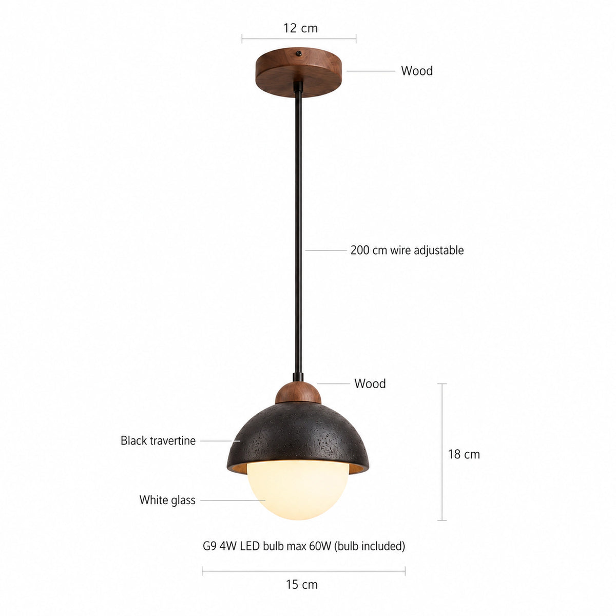 Dimensions of the Malvern black travertine dome and globe pendant: 15 cm wide, 18 cm tall, 200 cm cable