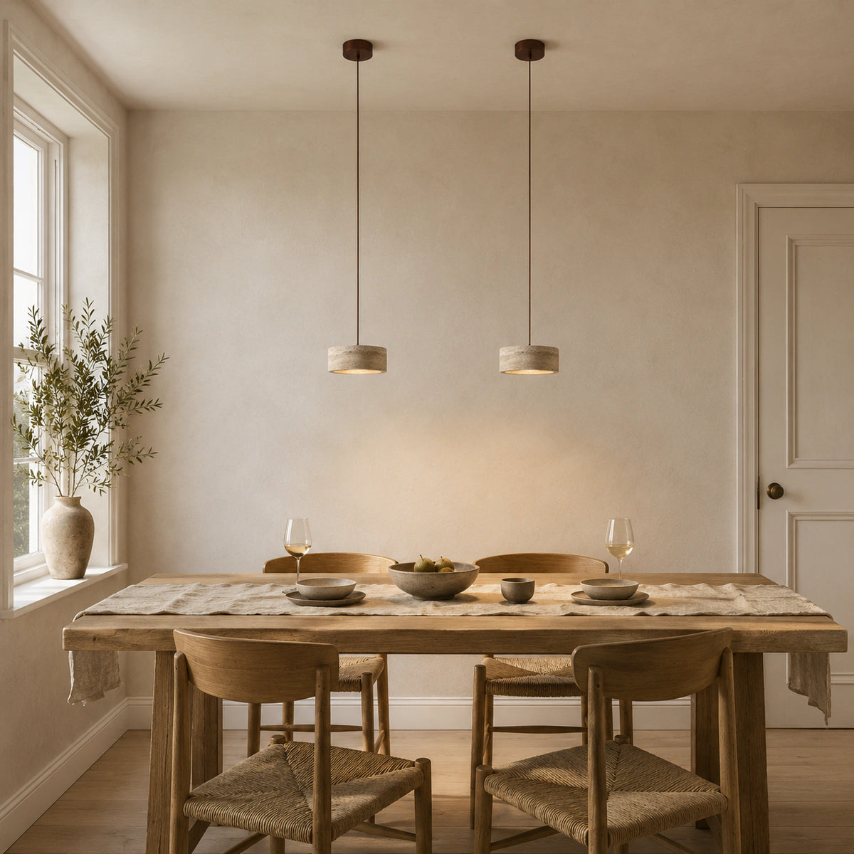 Wide travertine drum pendant above a minimalist dining table