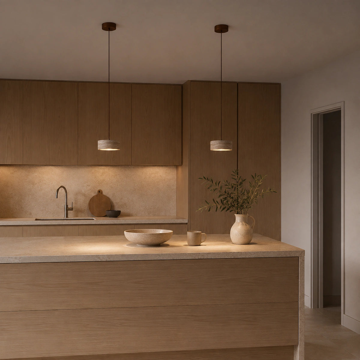 Wide travertine drum pendant hanging in a warm oak kitchen
