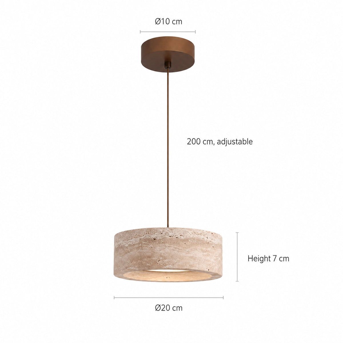 Measured dimensions of the wide travertine drum pendant