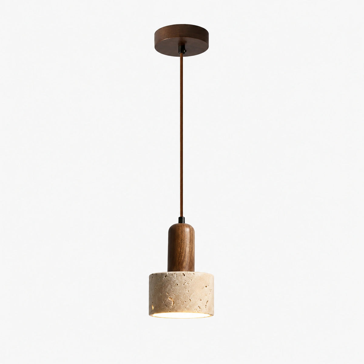 Beige travertine drum pendant light with a walnut neck on a white background