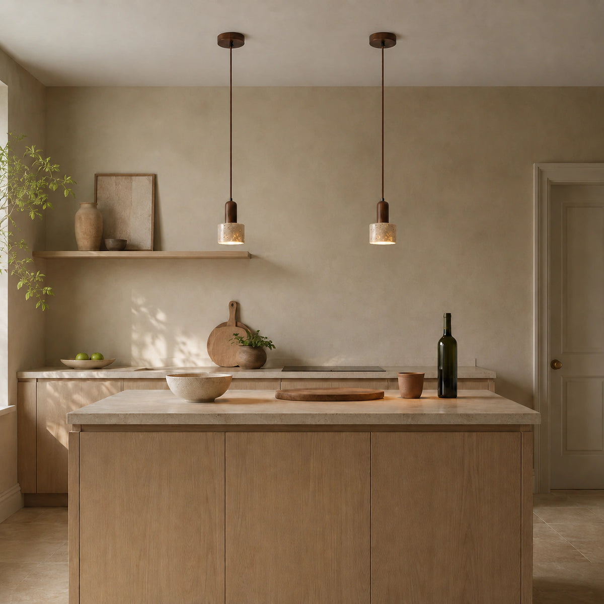 Grantley pendant in walnut and beige travertine hanging above a kitchen island