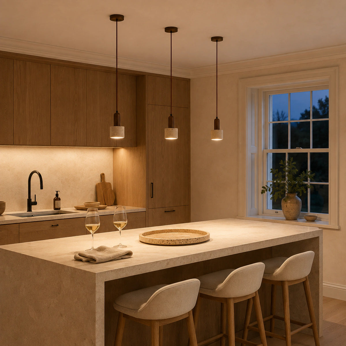 Grantley pendant in walnut and beige travertine lit above a kitchen worktop