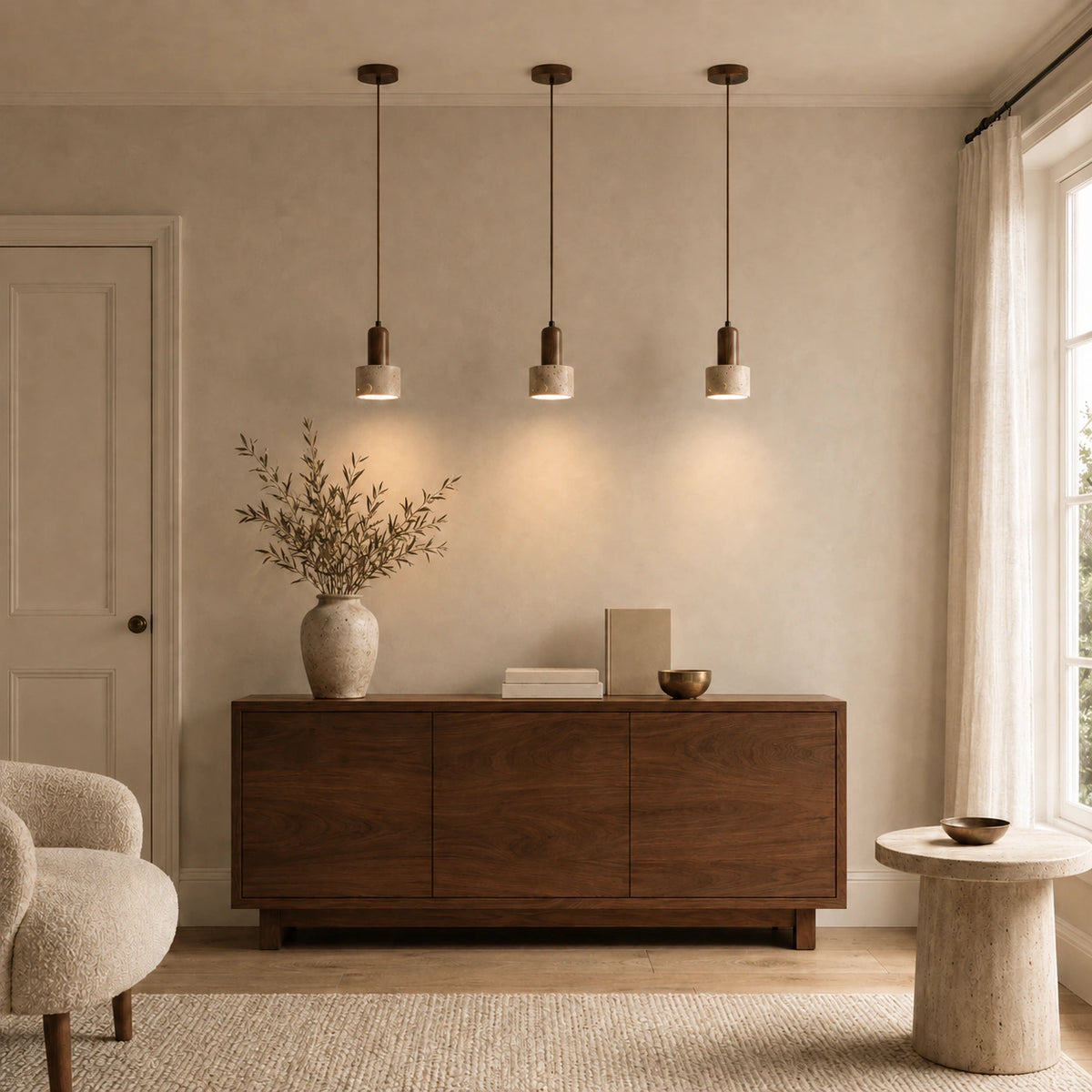 Grantley pendant in walnut and beige travertine in a calm living room