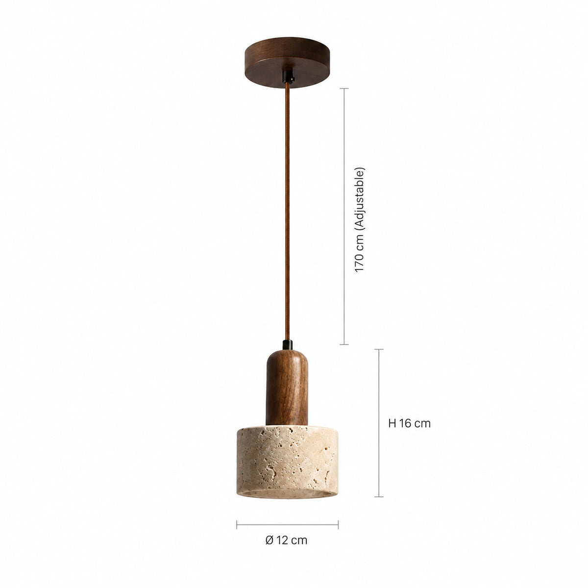 Dimensions of the Grantley pendant in beige travertine: 12 cm wide, 16 cm tall, 170 cm cable