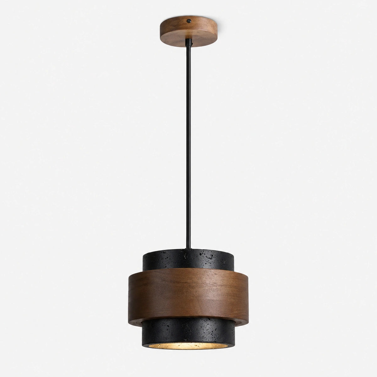 Black travertine tiered pendant light with a solid wood band on a white background