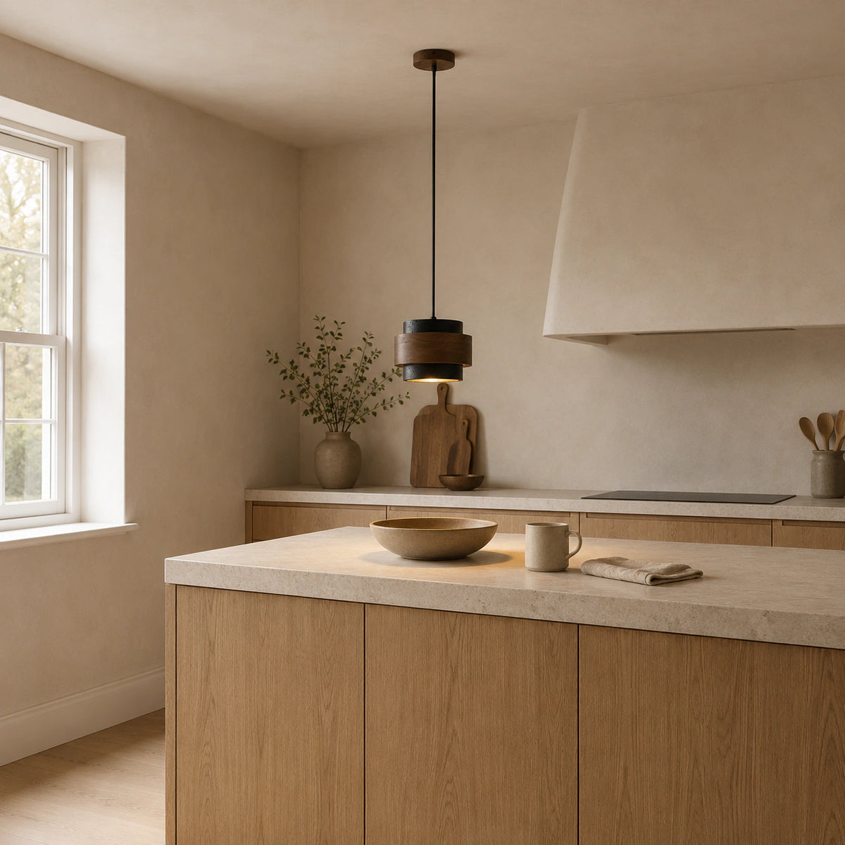 Barrow tiered pendant in black travertine hanging above a kitchen island