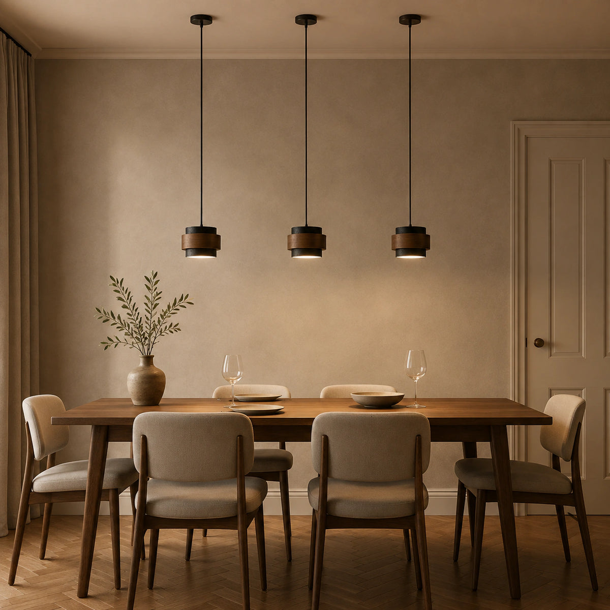Barrow tiered pendant in black travertine above a dining table in a minimalist dining room