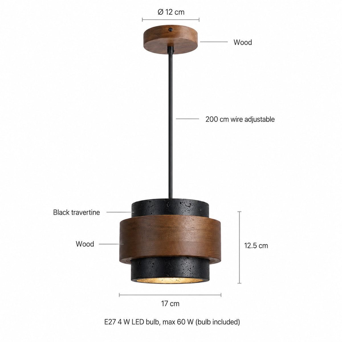Dimensions of the Barrow pendant in black travertine: 17 cm wide, 12.5 cm deep, 200 cm cable