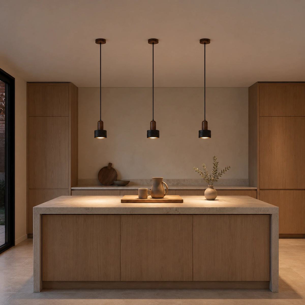 Grantley pendant in walnut and black travertine hanging above a kitchen island