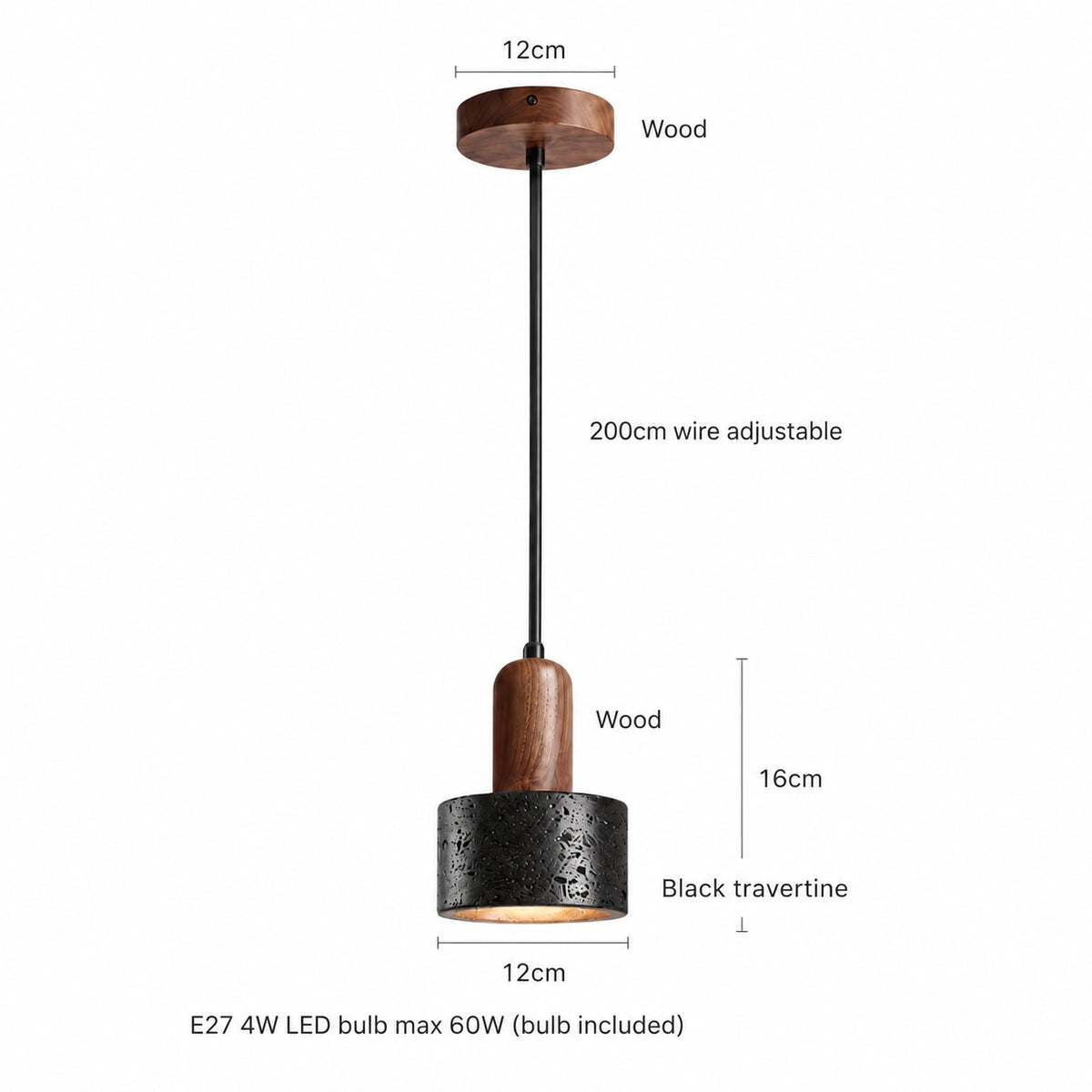 Dimensions of the Grantley pendant in black travertine: 12 cm wide, 16 cm tall, 200 cm cable