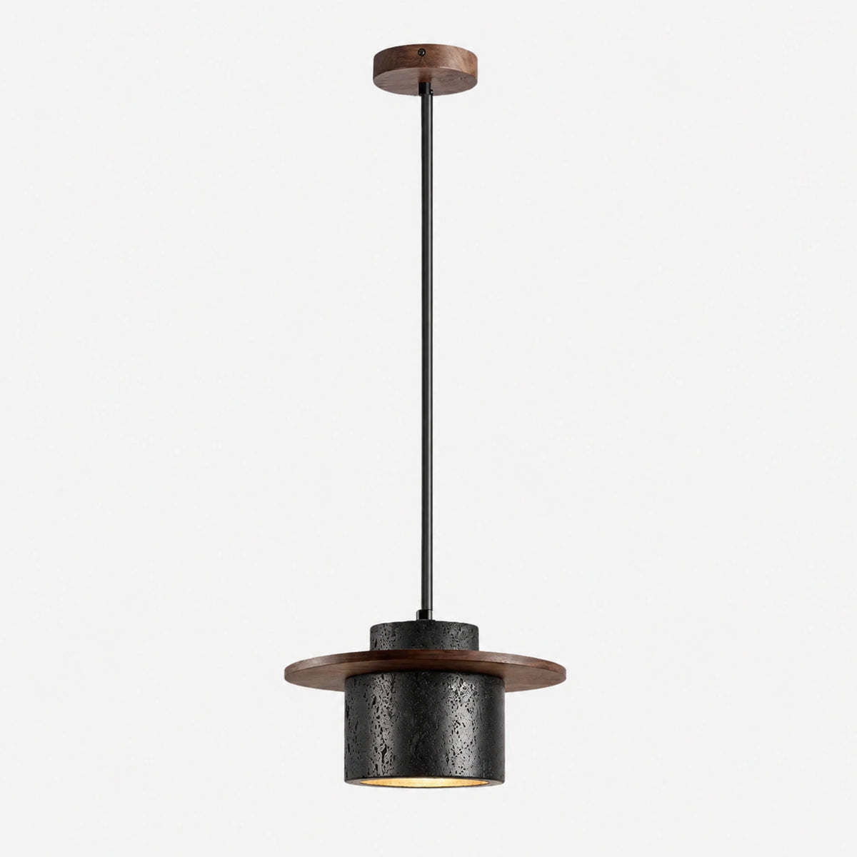 Black travertine pendant light set into a wooden brim on a white background