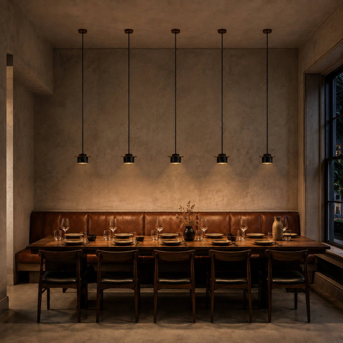 Hatfield pendant in black travertine above a restaurant table with banquette seating