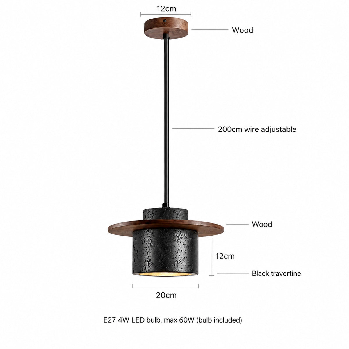 Dimensions of the Hatfield pendant in black travertine: 20 cm brim, 12 cm deep, 200 cm cable