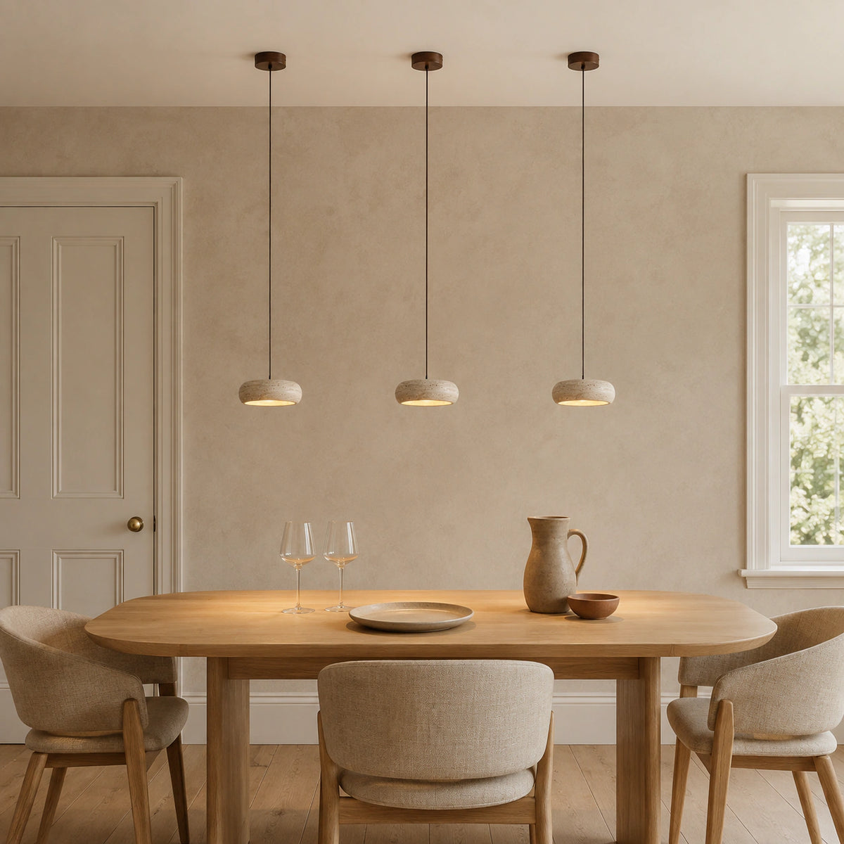 Rounded travertine pendant above a minimalist dining table