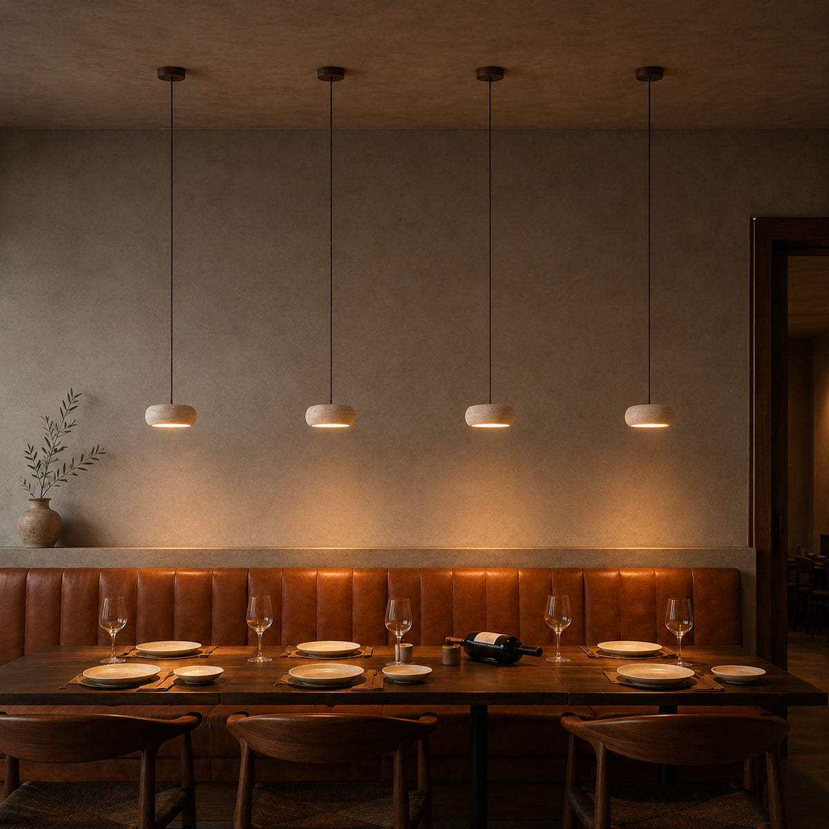 Rounded travertine pendant above leather banquette seating in a restaurant