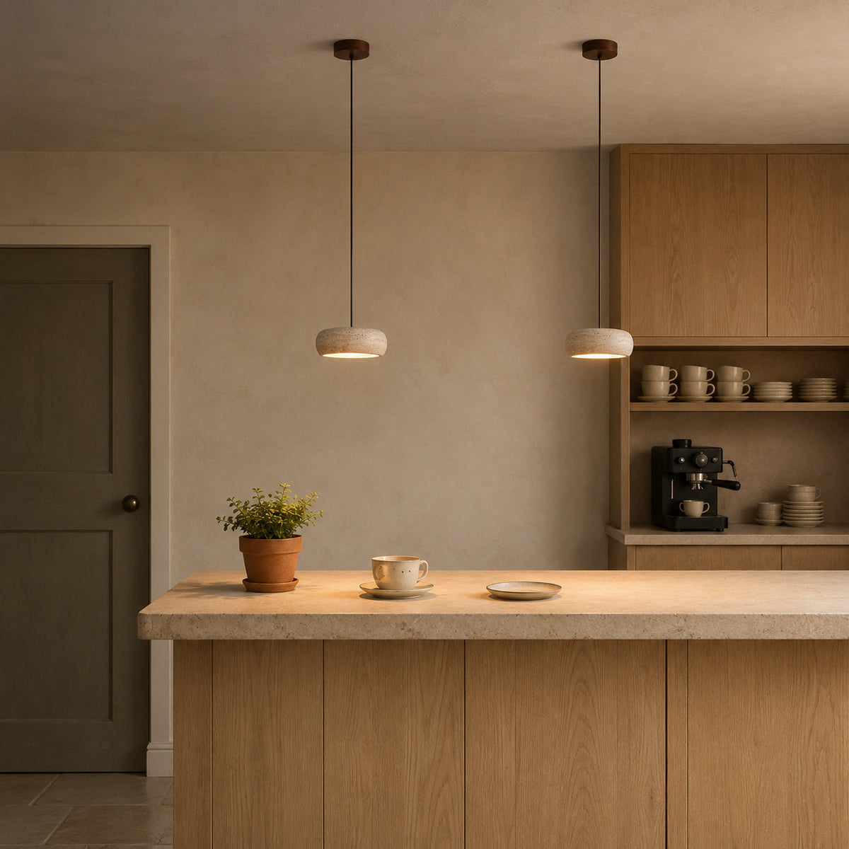 Rounded travertine pendant hanging in a warm oak kitchen