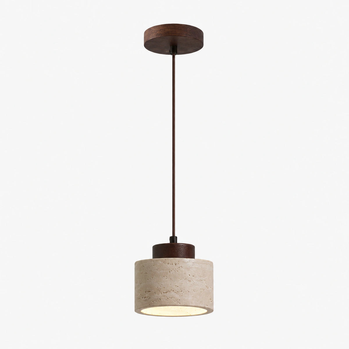 Travertine drum pendant light with a walnut collar on a white background