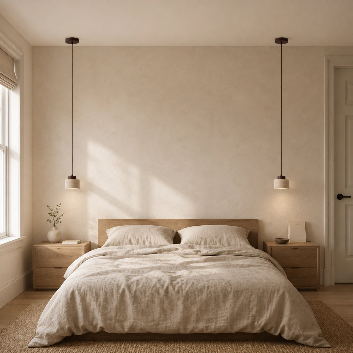 Whitby travertine drum pendant in walnut hanging beside a bed in a warm, neutral bedroom