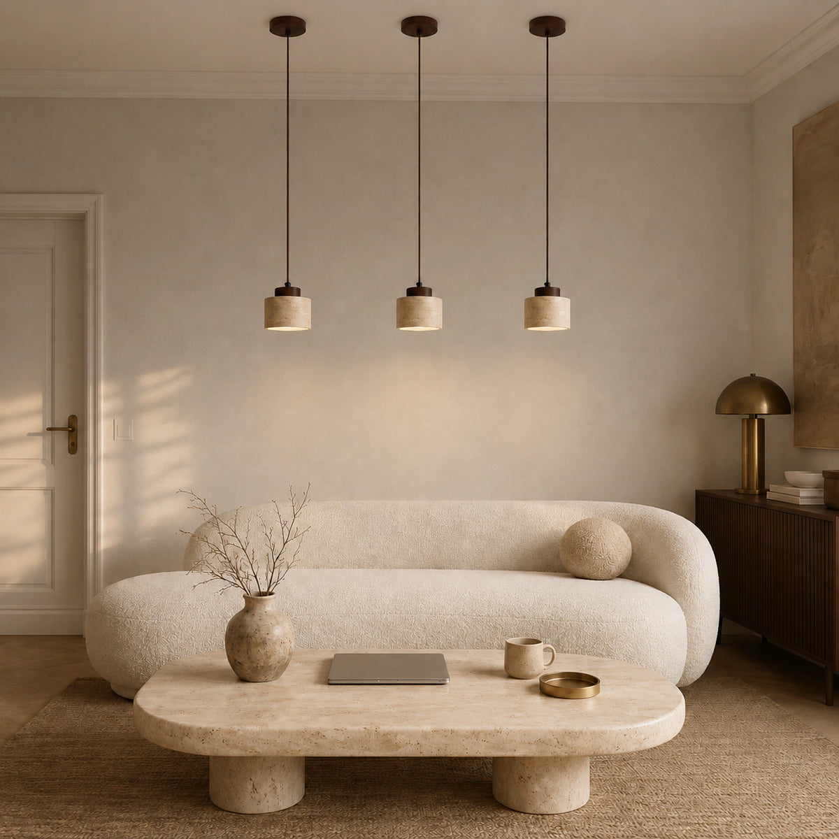 Whitby travertine drum pendant in walnut in a calm living room with neutral furnishings