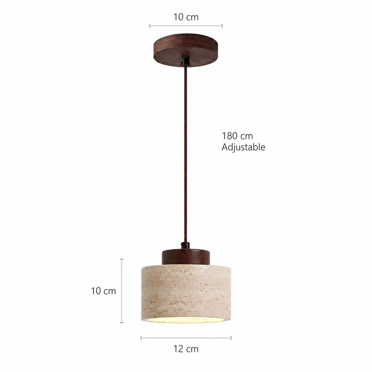 Dimensions of the Whitby travertine drum pendant in walnut: 12 cm wide, 10 cm high, 180 cm cable