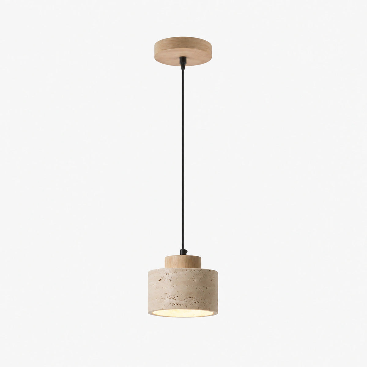 Travertine drum pendant light with an oak collar on a white background
