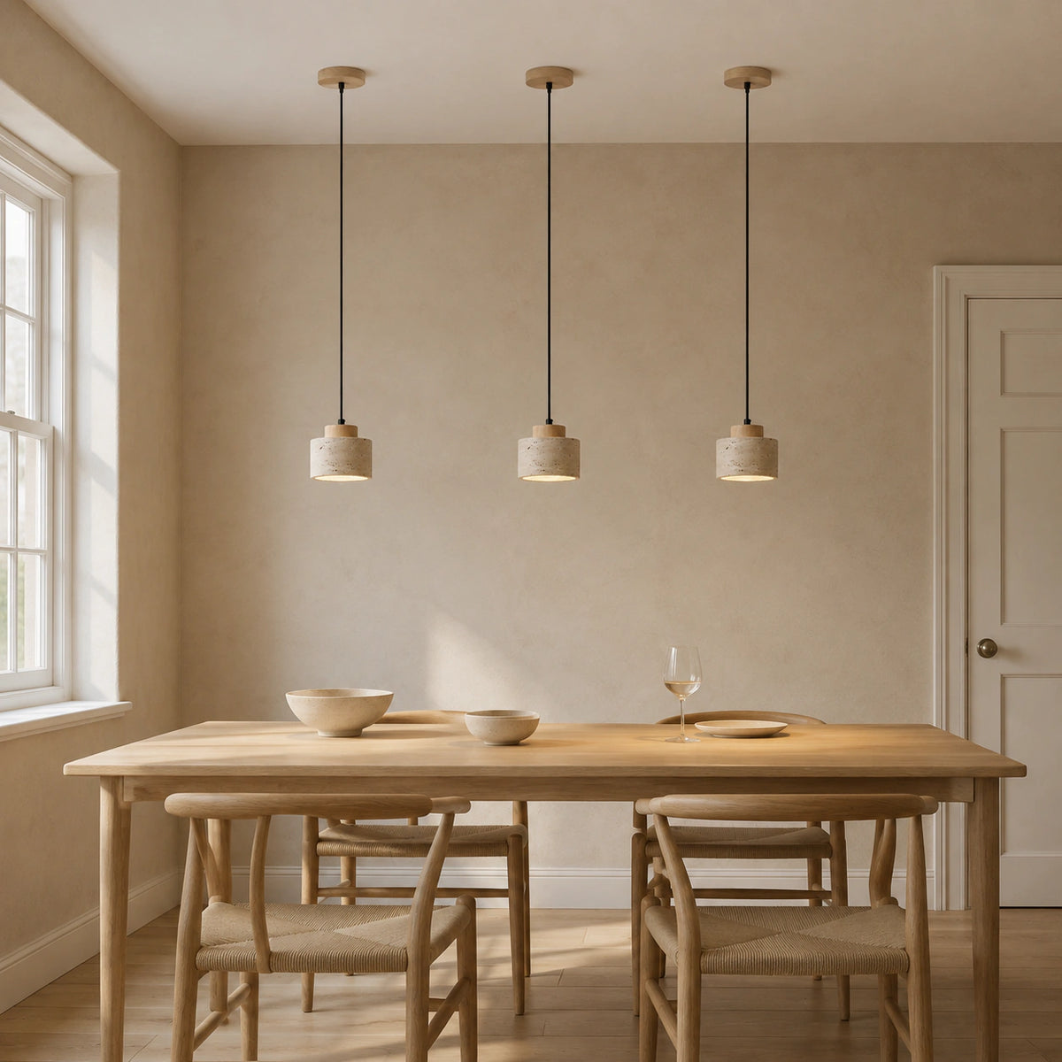 Whitby travertine drum pendant in oak above a dining table in a minimalist dining room