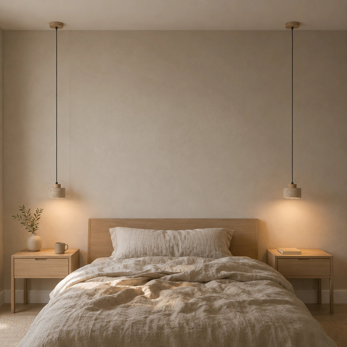Whitby travertine drum pendant in oak beside a bed in a warm, neutral bedroom