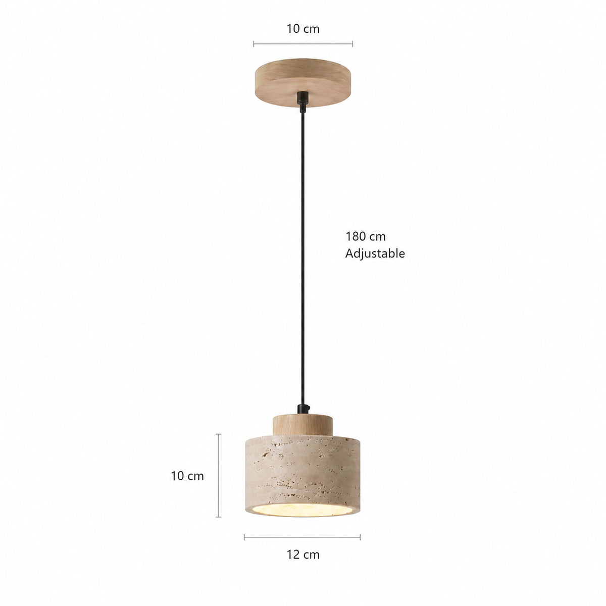 Dimensions of the Whitby travertine drum pendant in oak: 12 cm wide, 10 cm high, 180 cm cable