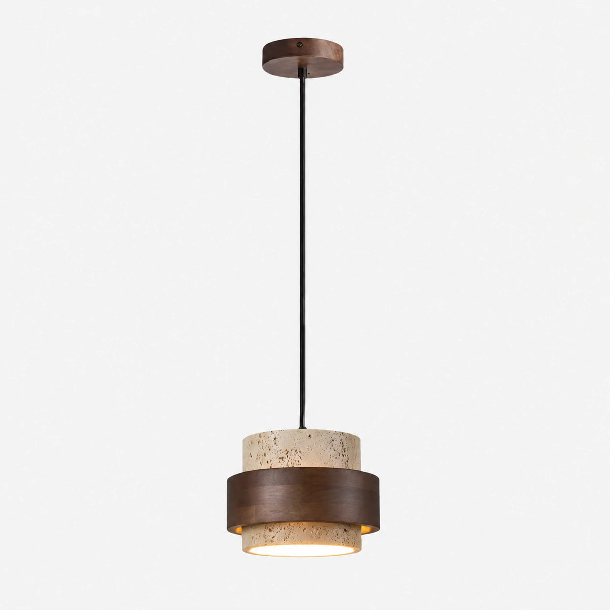 Cream travertine tiered pendant light with a walnut band on a white background