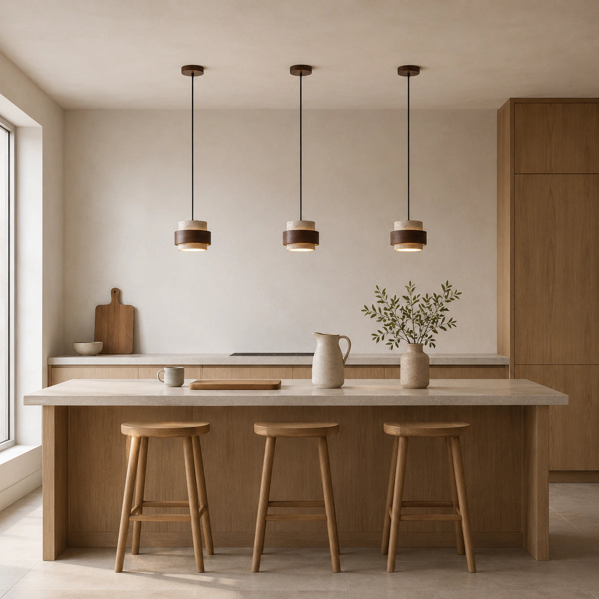Barrow tiered pendant in cream travertine hanging above a kitchen island