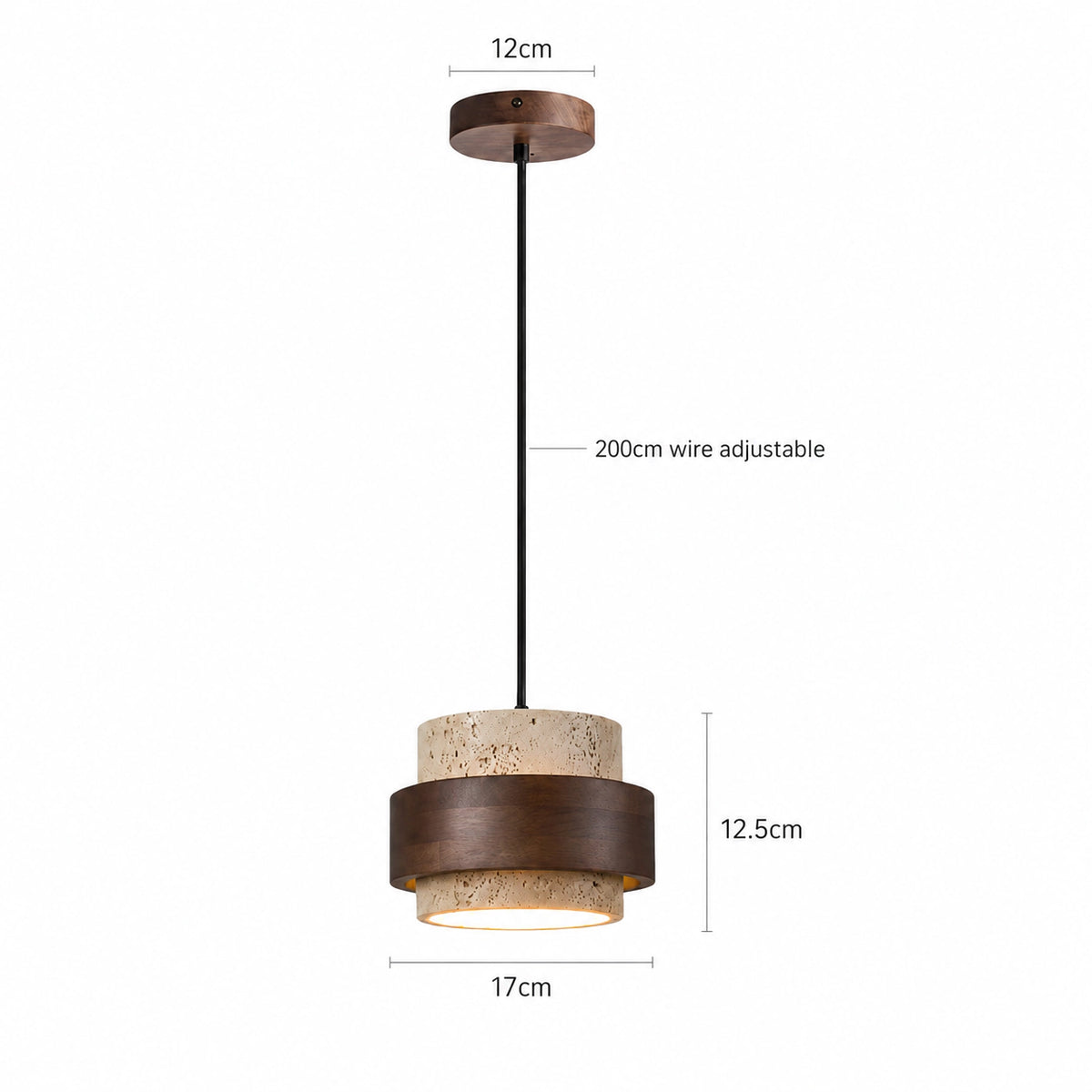 Dimensions of the Barrow pendant in cream travertine: 17 cm wide, 12.5 cm deep, 200 cm cable