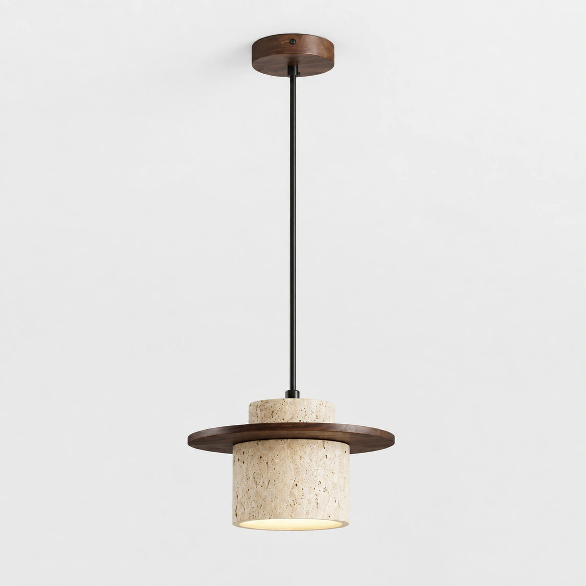 Cream travertine pendant light set into a walnut brim on a white background