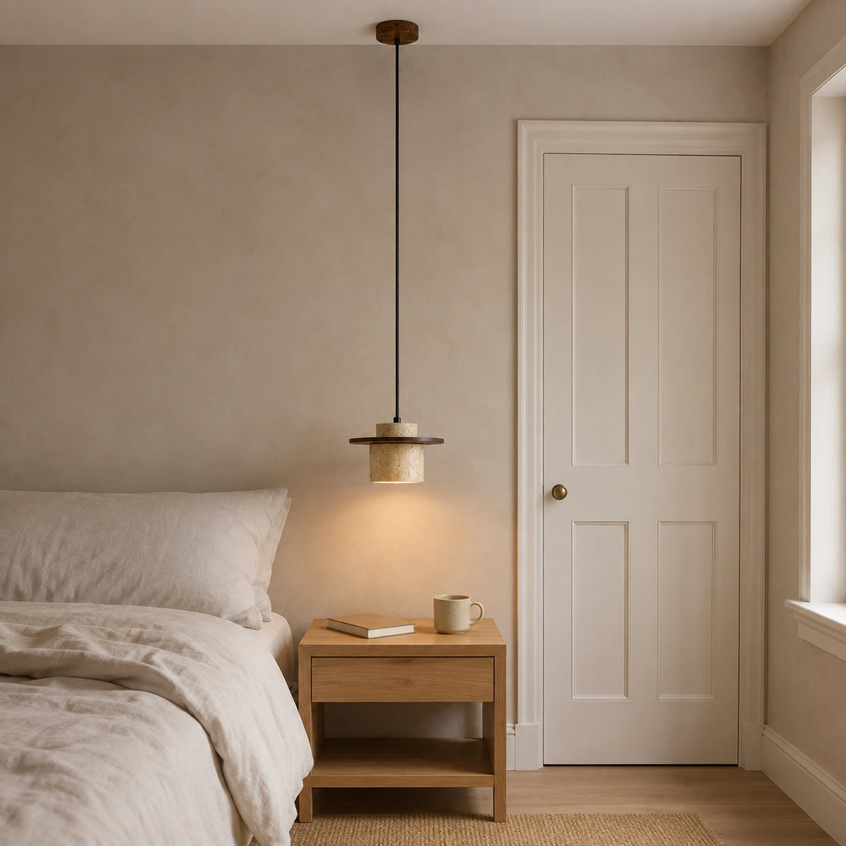 Hatfield pendant in cream travertine beside a bed in a warm, neutral bedroom