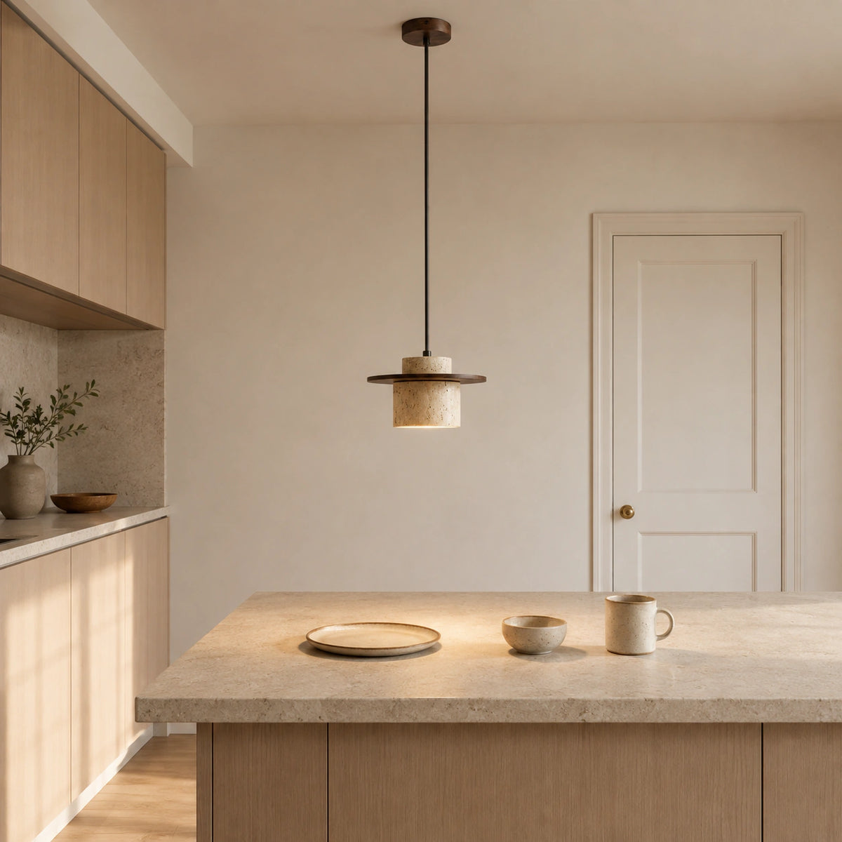 Hatfield pendant in cream travertine hanging above a kitchen island
